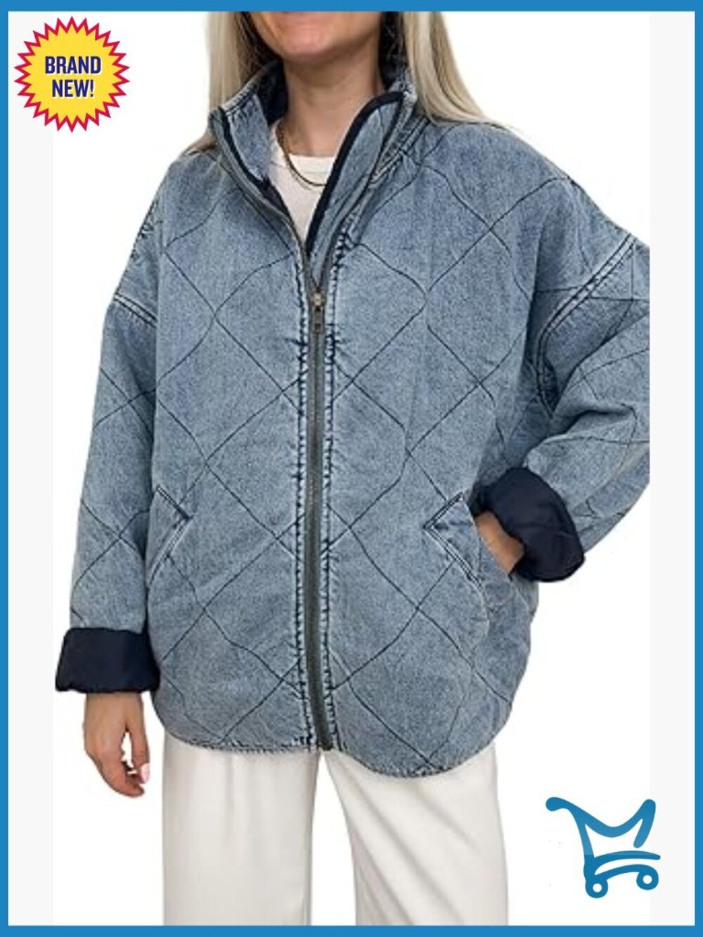 Oversized Long Sleeve Denim Jacket Loose Fit Zip Up Quilted Coat with Pockets